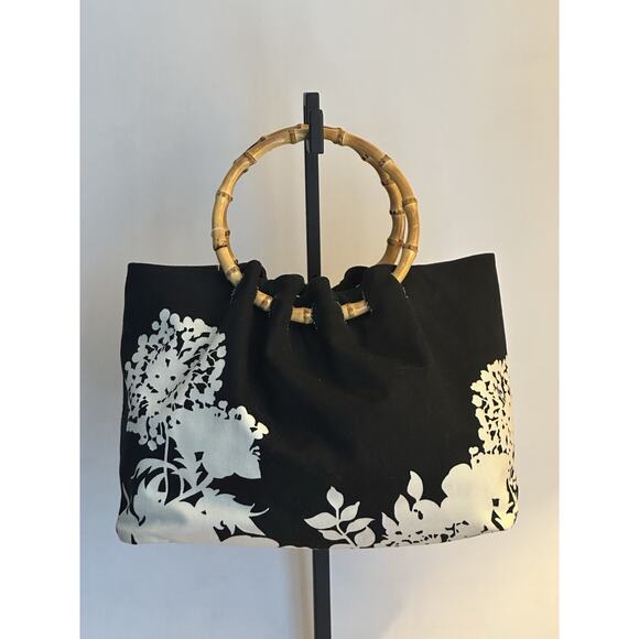 Banana Republic Bamboo Handle Black & Cream Canvas Top Handle Handbag - Picture 9 of 16